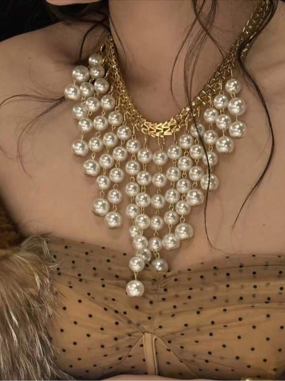 Elegant Gold-tone Multi-Strand Pearl Bib Necklace